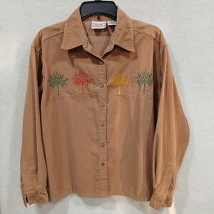 VTG Decorated Originals Tan Long Sleeve Corduroy Button Shirt Women M Fall Trees